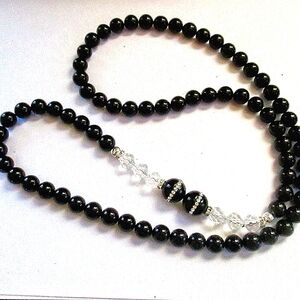 Hand Made Onyx & Crystal Bead Necklace 15.5" Drop